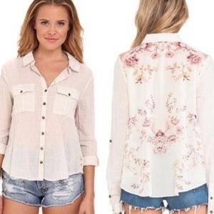 Free People Cream and Floral Striped Button Down